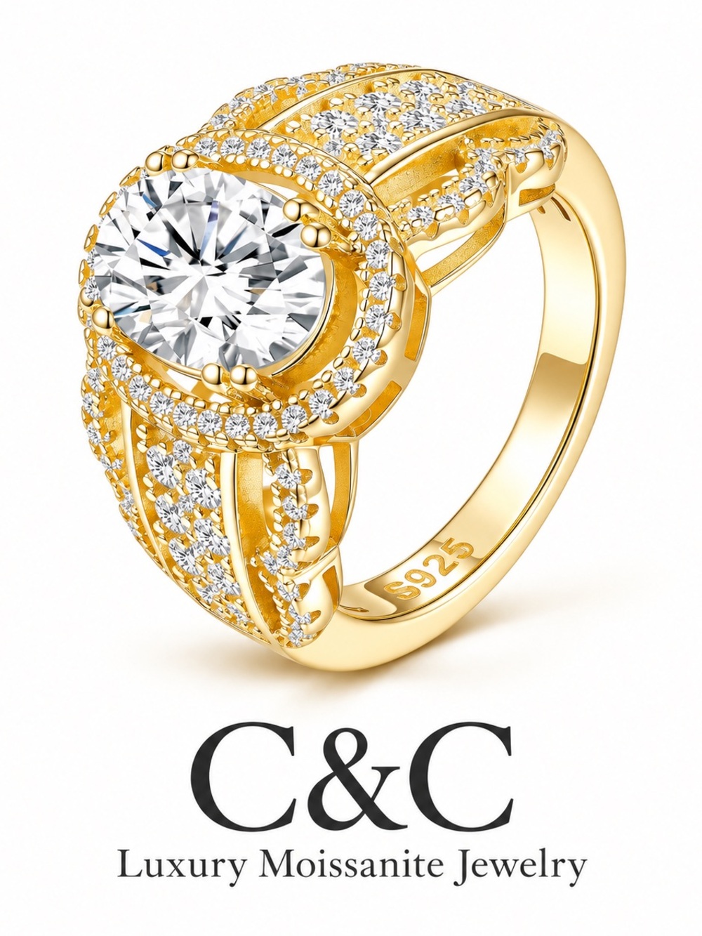 C.C Gold Moissanite Halo Ring - White and Gold